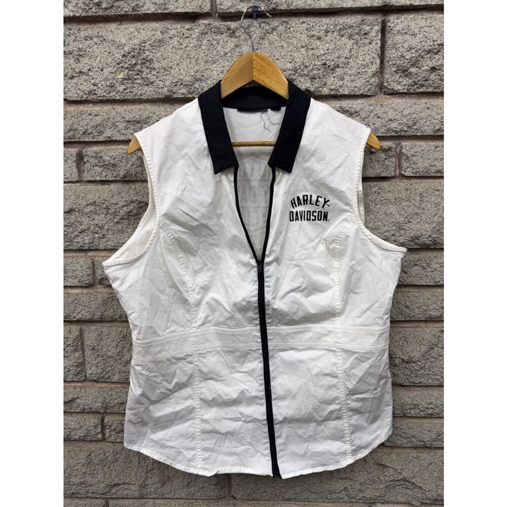 Harley-Davidson White Sleeveless Zip Vest with Black Collar